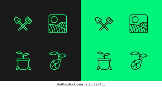 Set line Sprout, Plant in pot, Shovel and rake and Agriculture wheat field farm icon. Vector