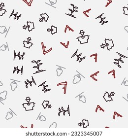 Set line Sprout, Scarecrow, Fruit tree and Scythe on seamless pattern. Vector