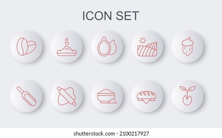 Set line Sprout, Scoop flour, Pumpkin seeds, Bread loaf, Coffee beans, Seed, Rolling pin on dough and Flour bowl icon. Vector