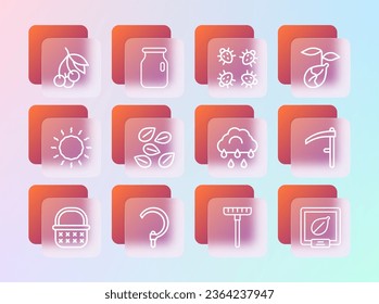 Set line Sprout, Sickle, Cloud with rain, Garden rake, Seeds of specific plant, Colorado beetle, Fresh berries and Glass jar screw-cap icon. Vector