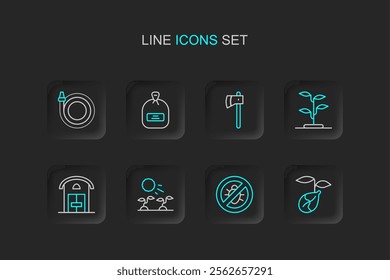 Set line Sprout, Stop colorado beetle, Plant sprouts grow in the sun, Farm house, Wooden axe, Pack full of seeds and Garden hose icon. Vector