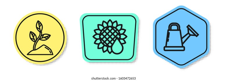 Set line Sprout, Sunflower and Watering can. Colored shapes. Vector