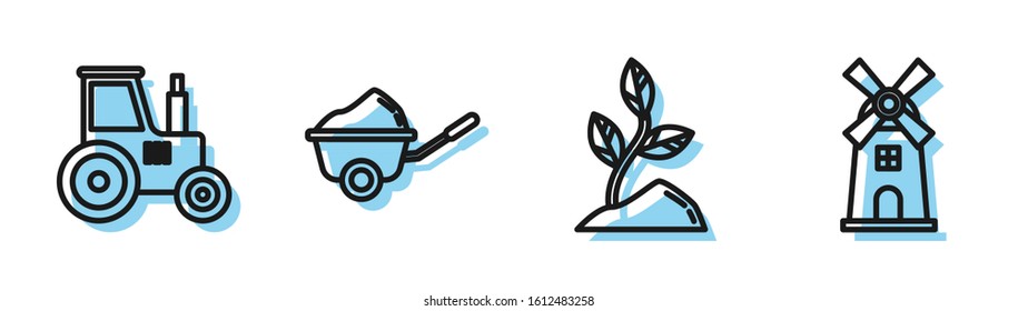 Set line Sprout, Tractor, Wheelbarrow with dirt and Windmill icon. Vector