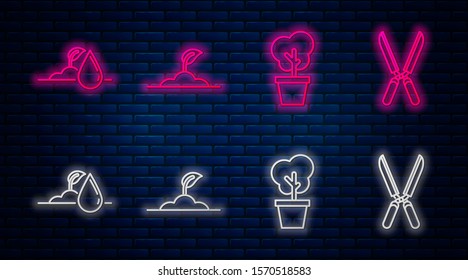 Set line Sprout, Tree in pot, Watering sprout and Gardening handmade scissors for trimming. Glowing neon icon on brick wall. Vector