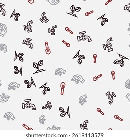 Set line Sprout, Water tap, Leaf in hand and Garden trowel spade or shovel on seamless pattern. Vector