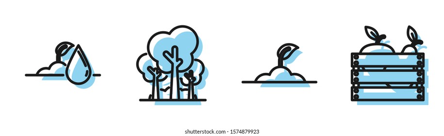 Set line Sprout, Watering sprout, Trees and Wooden box for fruits and vegetables icon. Vector