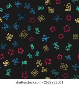 Set line Sprout, Windmill, Pack full of seeds of plant and Watering can on seamless pattern. Vector