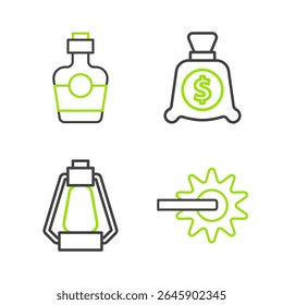 Definir linha Spur, lanterna de acampamento, saco de dinheiro e ícone garrafa de tequila. Vetor