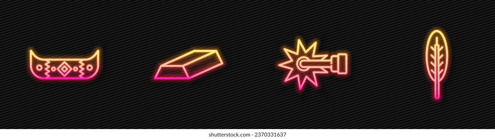 Set line Spur, Kayak or canoe and paddle, Gold bars and Indian feather. Glowing neon icon. Vector