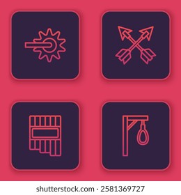 Set line Spur, Pan flute, Crossed arrows and Gallows. Blue square button. Vector