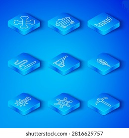 Set line Spur, Revolver gun, Hexagram sheriff, Indian feather, Kayak or canoe and paddle, Smoking pipe, Crossed human bones and Pickaxe icon. Vector