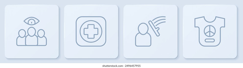 Set line Spy, agent, Police beat human, Hospital signboard and Peace. White square button. Vector