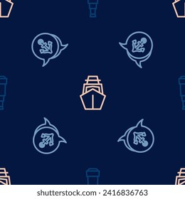 Set line Spyglass telescope lens, Anchor and Yacht sailboat on seamless pattern. Vector