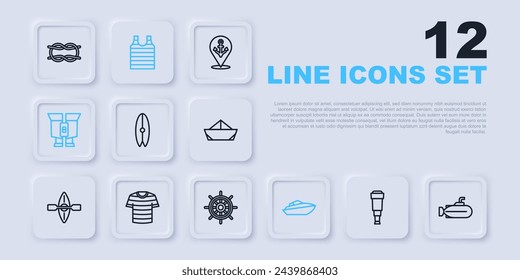 Set line Spyglass telescope lens, Submarine, Surfboard, Speedboat, Binoculars, Striped sailor t-shirt,  and Ship steering wheel icon. Vector