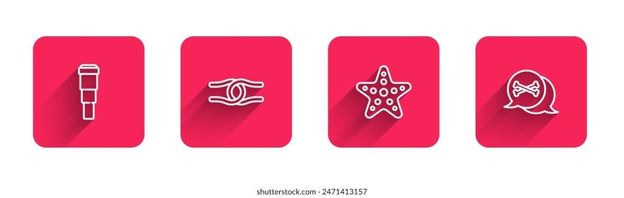 Set line Spyglass telescope lens, Rope tied in knot, Starfish and Location pirate with long shadow. Red square button. Vector