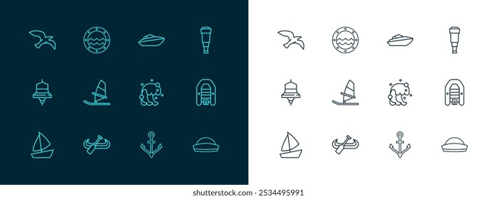 Lente del telescopio del vidrio espía de la línea del sistema, kayak y pádel, tsunami, ancla, windsurf, lancha rápida, gaviota del pájaro y icono del ojo de buey del barco. Vector