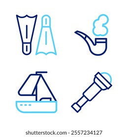 Set line Spyglass telescope lens, Yacht sailboat, Smoking pipe and Flippers for swimming icon. Vector