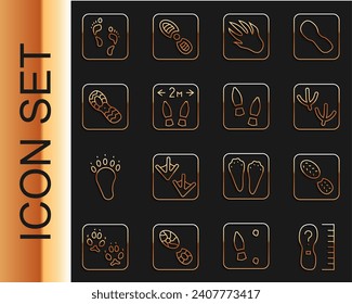 Set line Square measure foot size, Human footprints shoes, Dove paw, Alligator crocodile, Safe distance,  and  icon. Vector