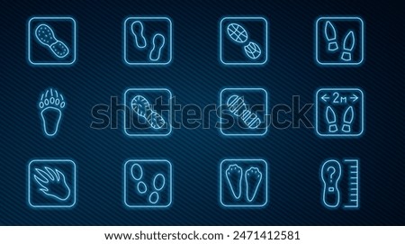 Set line Square measure foot size, Safe distance, Human footprints shoes, Bear paw,  and  icon. Vector