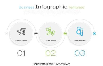 Set line Square root of 4 glyph, Molecule and Test tube and flask. Business infographic template. Vector