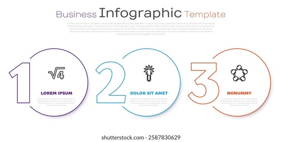 Set line Square root of 4 glyph, Test tube and flask and Molecule. Business infographic template. Vector