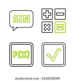 Set line Square root, Function mathematical symbol, Calculator and Mathematics function sine icon. Vector