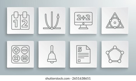 Set line Square root, Ringing bell, Test or exam sheet, Infinity, Geometric figure Sphere, Graph, schedule, chart, diagram, Chalkboard and Mathematics function cosine icon. Vector