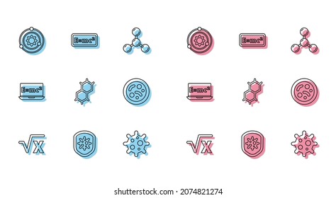 Set line Square root of x glyph, Shield protecting from virus, Solar system, Virus, Chemical formula, Bacteria, Equation solution and  icon. Vector