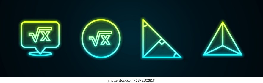 Set line Square root of x glyph, , Angle bisector triangle and Geometric figure Tetrahedron. Glowing neon icon. Vector