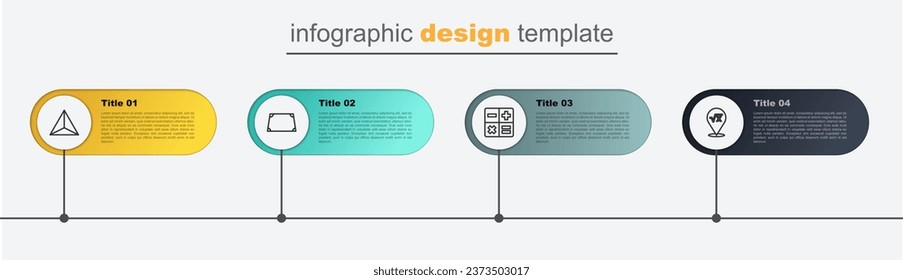 Set line Square root of x glyph, Calculator, Acute trapezoid shape and Geometric figure Tetrahedron. Business infographic template. Vector