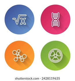 Set line Square root of x glyph, DNA symbol, Molecule and Radioactive. Color circle button. Vector