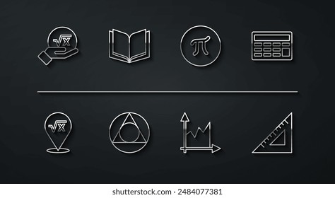 Set line Square root of x glyph, Calculator, Graph, schedule, chart, diagram, Triangle math, Open book, Triangular ruler and Pi symbol icon. Vector