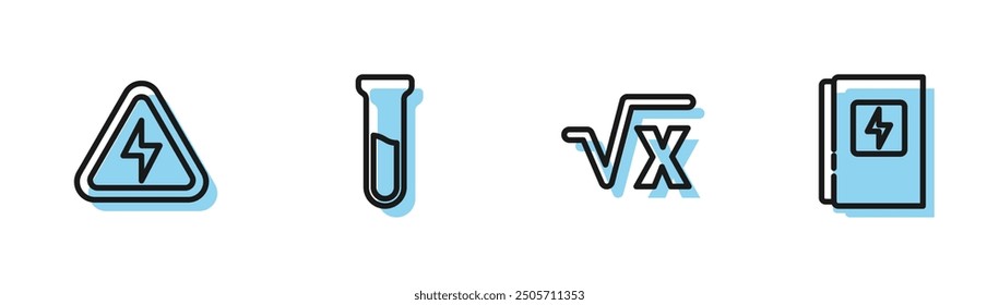 Set line Square root of x glyph, High voltage, Test tube and flask and Electrical panel icon. Vector