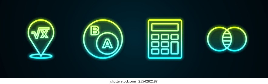 Set line Square root of x glyph, Subsets, math, is subset b, Calculator and Mathematics A and B. Glowing neon icon. Vector