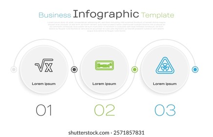 Set line Square root of x glyph, Equation solution and Triangle with radiation. Business infographic template. Vector