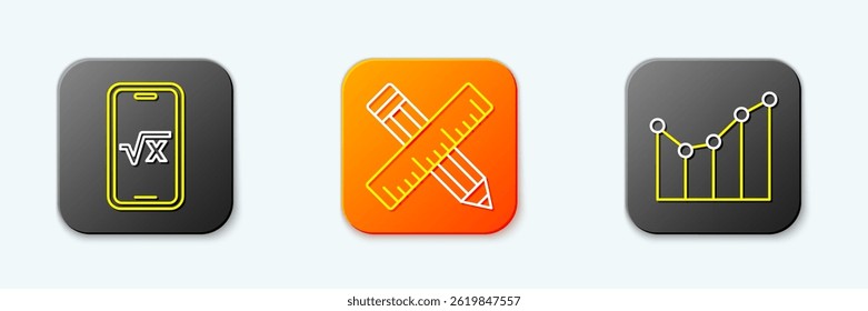 Set line Square root of x glyph, Crossed ruler and pencil and Graph, schedule, chart, diagram icon. Vector