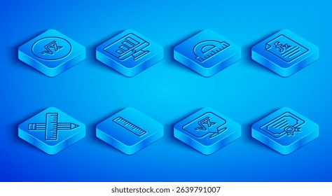 Set line Square root of x glyph, Computer monitor with graph chart, Protractor, Ruler, Function mathematical symbol, Crossed ruler and pencil and Certificate template icon. Vector