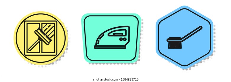 Set line Squeegee, scraper, wiper, Electric iron  and Toilet brush . Colored shapes. Vector