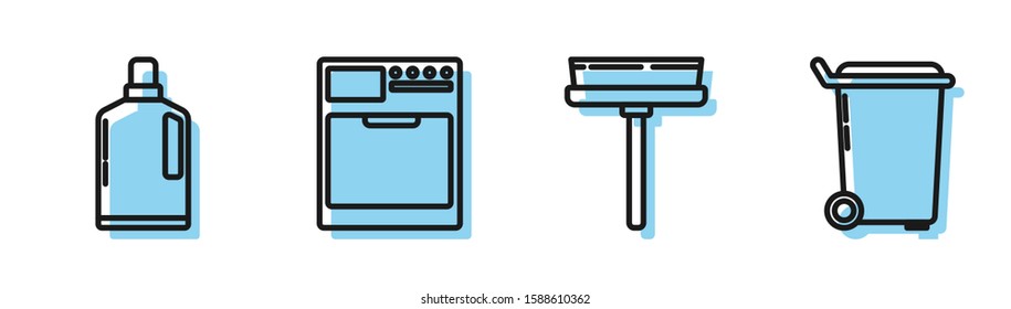 Set line Squeegee, scraper, wiper, Plastic bottles for liquid dishwashing liquid, Washer  and Trash can  icon. Vector