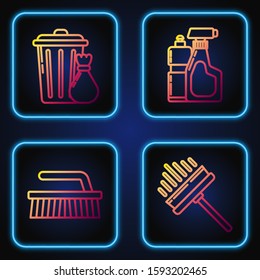Set line Squeegee, scraper, wiper, Brush for cleaning , Trash can and garbage bag  and Plastic bottles for liquid dishwashing liquid. Gradient color icons. Vector