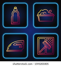 Set line Squeegee, scraper, wiper, Electric iron , Plastic bottles for liquid dishwashing liquid and Plastic basin with soap suds . Gradient color icons. Vector