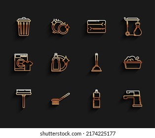 Set line Squeegee, scraper, wiper, Toilet brush, Trash can, Plastic bottles for liquid dishwashing liquid, Water tap, basin with soap suds and plunger icon. Vector