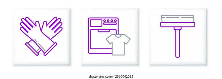 Set line Squeegee, scraper, wiper, Rubber gloves and Washer and t-shirt icon. Vector