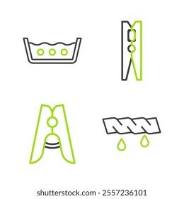 Set line Squeeze clothes, Clothes pin,  and Temperature wash icon. Vector