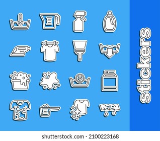 Fijar la línea Ropa de congelación, Lavadora, Modos de lavado, Botella de pulverización de agua, Secado, Hierro eléctrico, Lavado de temperatura y Limpiador de caucho para el icono de las ventanas. Vector