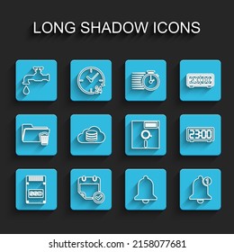 Set line SSD card, Calendar with check mark, Water tap, Ringing bell, Bell, Cloud database, Digital alarm clock and Floppy disk the 5.25-inch icon. Vector