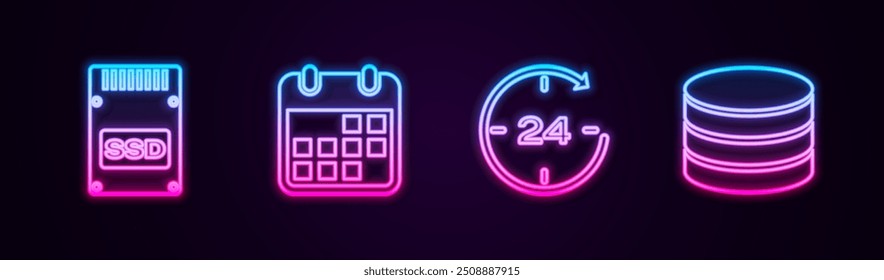 Set line SSD card, Calendar, Clock 24 hours and Database. Glowing neon icon. Vector