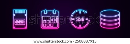 Set line SSD card, Calendar, Clock 24 hours and Database. Glowing neon icon. Vector