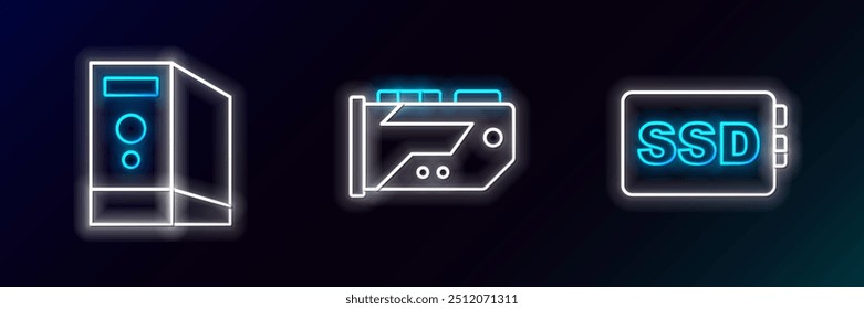 Set line SSD card, Case of computer and Video graphic icon. Glowing neon. Vector