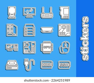 Set line SSD card, Computer mouse, Motherboard digital chip, Router and wi-fi signal, Server, Data, Web Hosting, Case of computer, Optical disc drive and Laptop icon. Vector